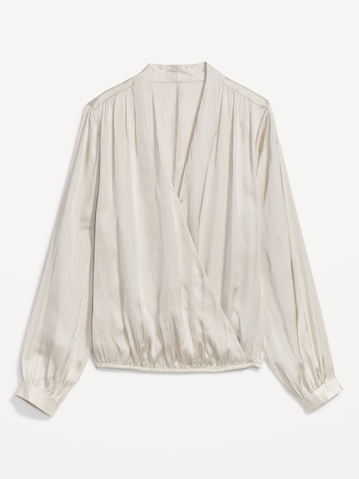 Cross-Front Satin Long-Sleeve Blouse for Women