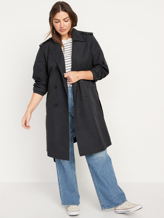 Water-Resistant Tie-Belt Trench Coat for Women - Black