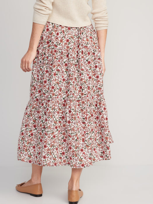 Floral-Print Tiered Button-Front Maxi Skirt for Women - Beige