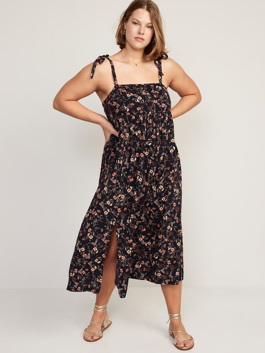 Tie-Shoulder Floral-Print Split-Front Midi Swing Dress for Women