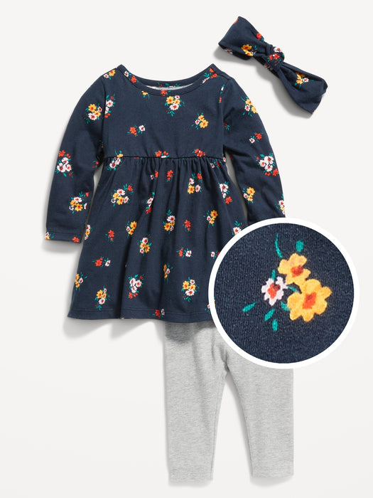 Long-Sleeve Jersey Dress, Leggings and Headband Set for Baby