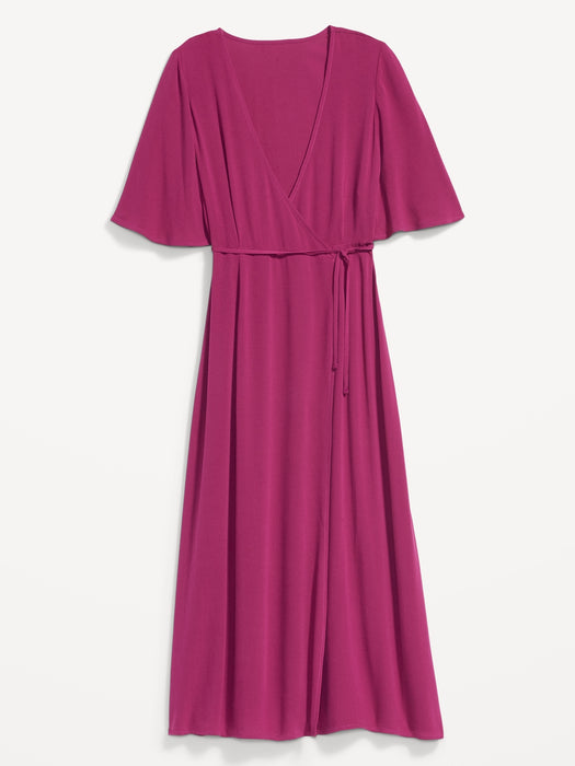 Waist-Defined Flutter-Sleeve Midi Wrap Dress for Women