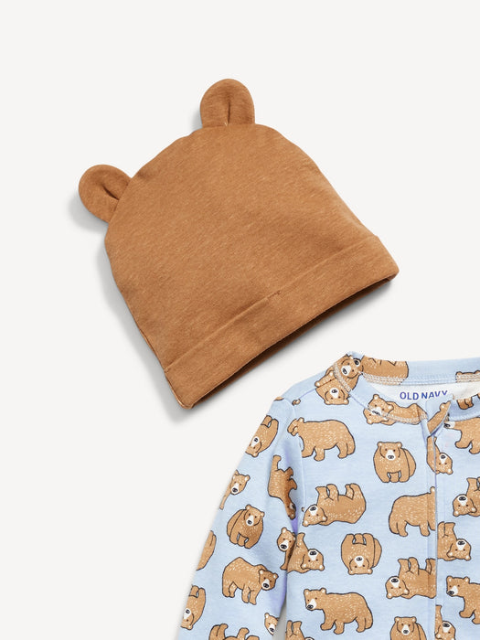 Unisex Bear-Print Footed One-Piece & Beanie Hat Set for Baby
