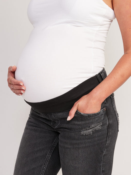 Maternity Front Low Panel Slouchy Straight Black Cut-Off Jeans