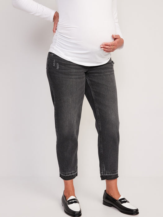 Maternity Front Low Panel Slouchy Straight Black Cut-Off Jeans