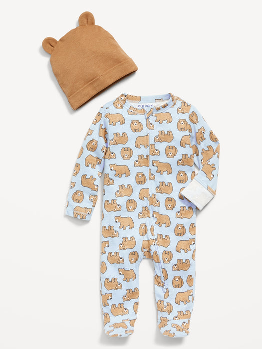 Unisex Bear-Print Footed One-Piece & Beanie Hat Set for Baby