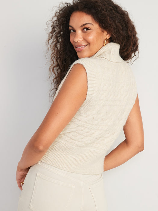 Sleeveless Cropped Cozy Plush-Yarn Cable-Knit Turtleneck Sweater for Women - Beige