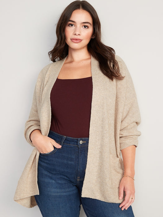 Heathered Waffle-Knit Open-Front Cardigan for Women