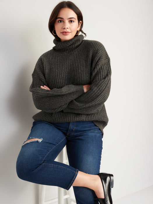 Marled Shaker-Stitch Tunic-Length Turtleneck Sweater for Women