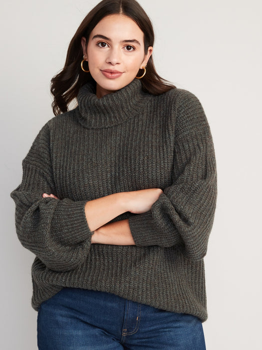Marled Shaker-Stitch Tunic-Length Turtleneck Sweater for Women