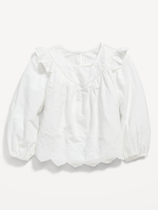Long-Sleeve Ruffle-Trim Cutwork Top for Toddler Girls