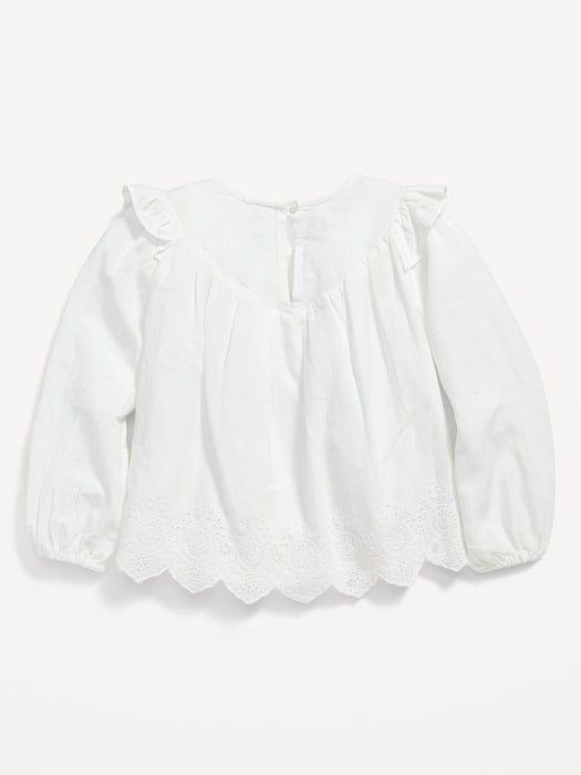Long-Sleeve Ruffle-Trim Cutwork Top for Toddler Girls