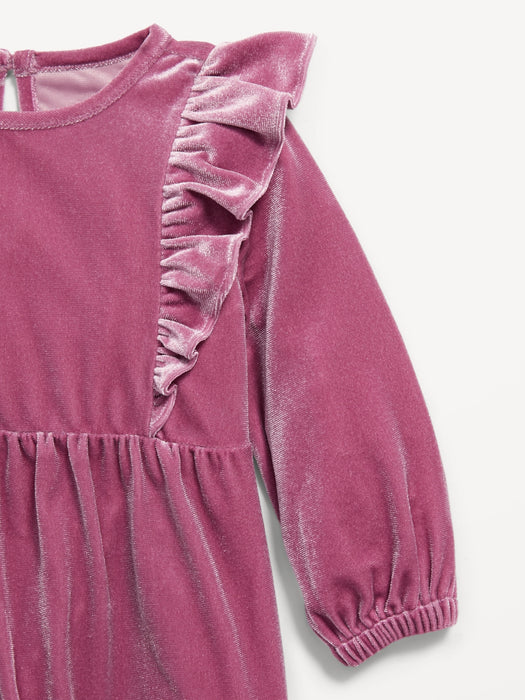 Long-Sleeve Ruffle-Trim Velvet One-Piece and Headband Set for Baby - Pink