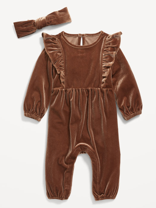 Long-Sleeve Ruffle-Trim Velvet One-Piece and Headband Set for Baby