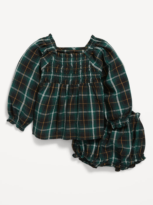 Long-Sleeve Smocked Plaid Top and Bloomers Set for Baby
