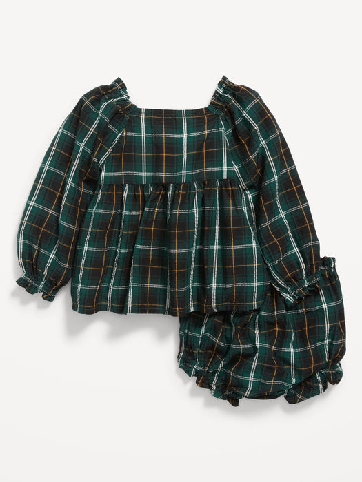 Long-Sleeve Smocked Plaid Top and Bloomers Set for Baby