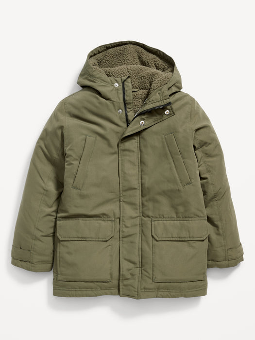 Gender-Neutral Water-Resistant Hooded Sherpa-Lined Utility-Pocket Jacket for Kids - Green