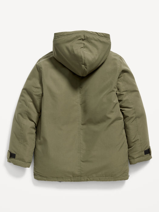 Gender-Neutral Water-Resistant Hooded Sherpa-Lined Utility-Pocket Jacket for Kids - Green