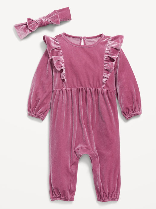 Long-Sleeve Ruffle-Trim Velvet One-Piece and Headband Set for Baby - Pink