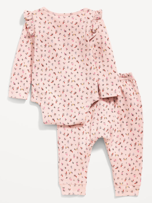 Ruffle-Trim Thermal-Knit Printed Bodysuit and Leggings Set for Baby - Blue