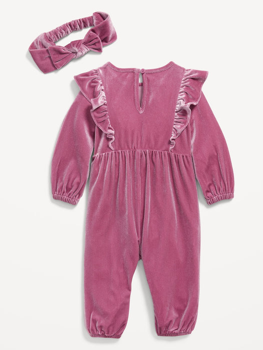Long-Sleeve Ruffle-Trim Velvet One-Piece and Headband Set for Baby - Pink