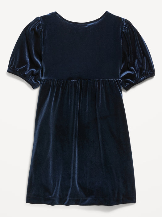 Cozy Velour Puff-Sleeve Swing Dress for Girls - Blue