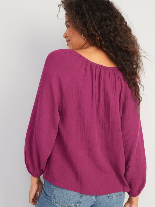 Shirred Double-Weave Long-Sleeve Blouse for Women