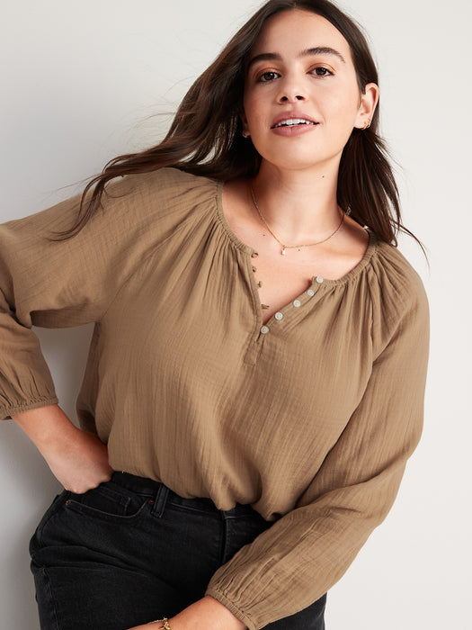 Shirred Double-Weave Long-Sleeve Blouse for Women