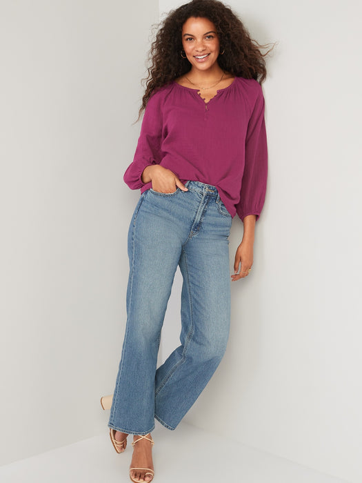 Shirred Double-Weave Long-Sleeve Blouse for Women