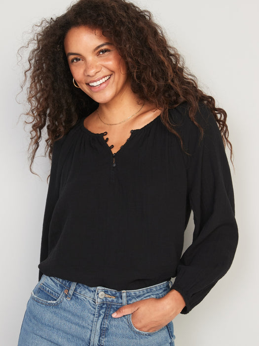 Shirred Double-Weave Long-Sleeve Blouse for Women