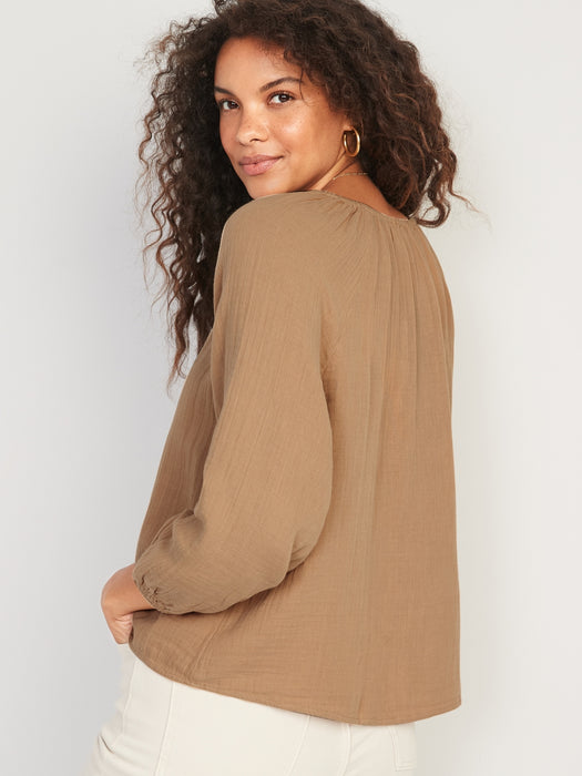 Shirred Double-Weave Long-Sleeve Blouse for Women