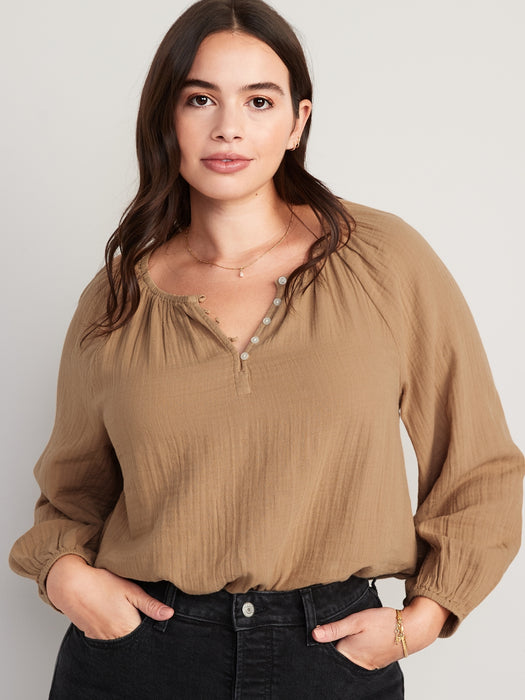 Shirred Double-Weave Long-Sleeve Blouse for Women