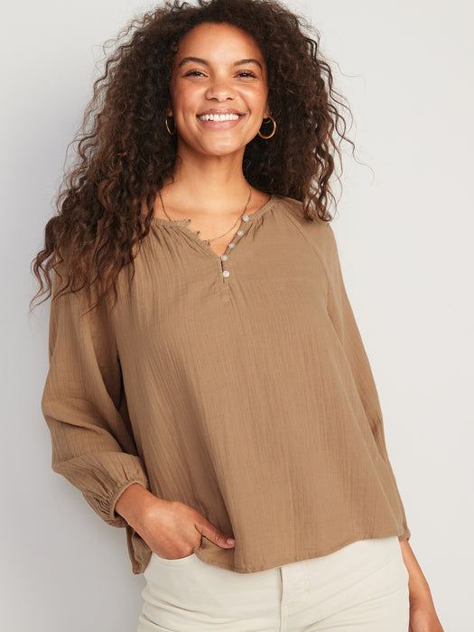 Shirred Double-Weave Long-Sleeve Blouse for Women