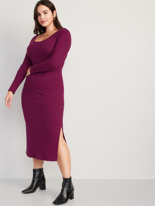 Fitted Long-Sleeve Rib-Knit Midi Dress for Women