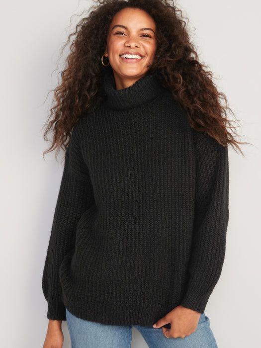 Shaker-Stitch Tunic-Length Turtleneck Sweater for Women - Black