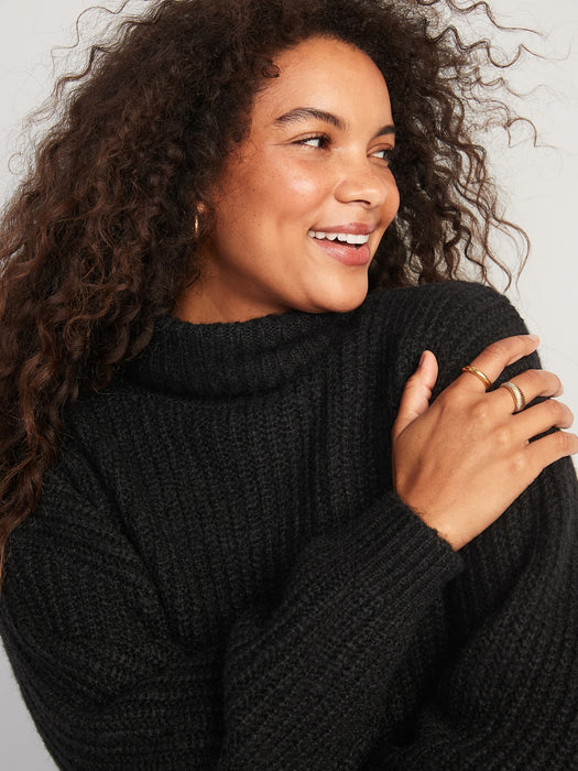 Shaker-Stitch Tunic-Length Turtleneck Sweater for Women - Black