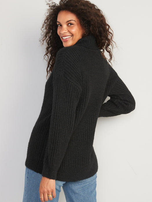 Shaker-Stitch Tunic-Length Turtleneck Sweater for Women - Black