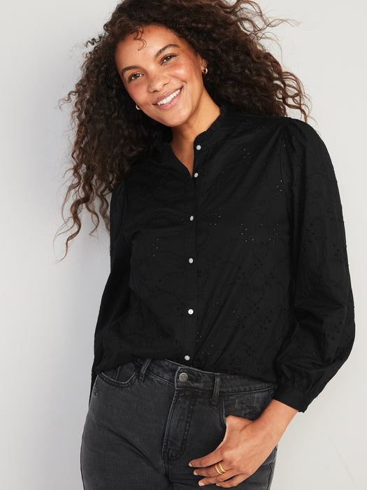 Ruffle-Neck Eyelet Cutwork Shirt for Women