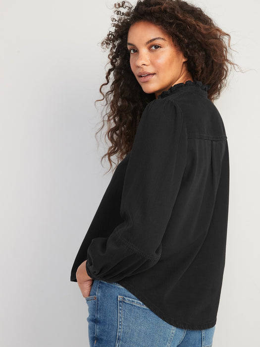 Ruffle-Neck Jean Shirt for Women