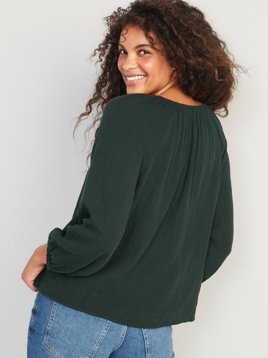 Shirred Double-Weave Long-Sleeve Blouse for Women