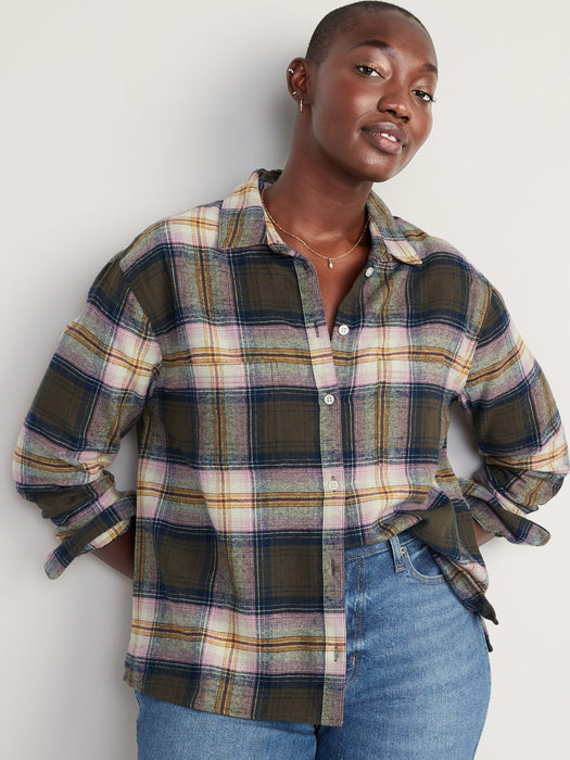 Cropped Plaid Flannel Boyfriend Shirt for Women - Green