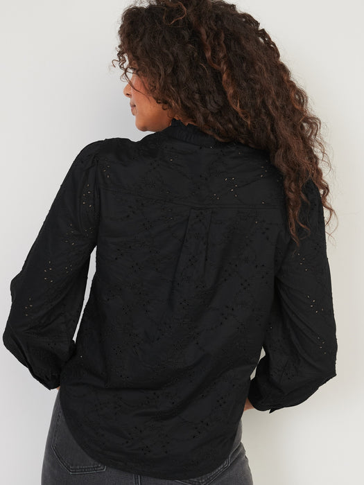 Ruffle-Neck Eyelet Cutwork Shirt for Women