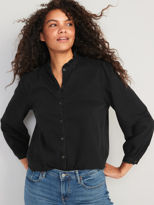 Ruffle-Neck Jean Shirt for Women
