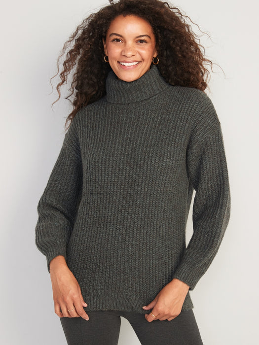 Marled Shaker-Stitch Tunic-Length Turtleneck Sweater for Women