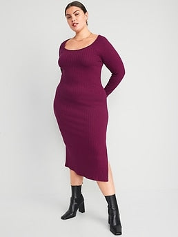 Fitted Long-Sleeve Rib-Knit Midi Dress for Women