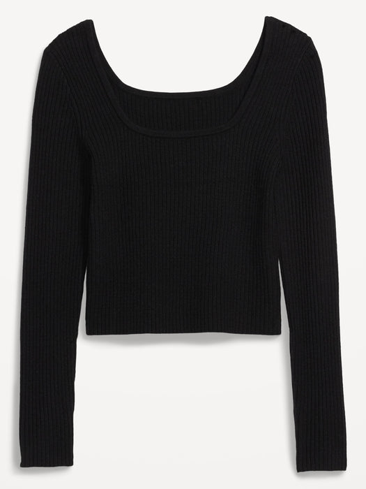 Fitted Cropped Square-Neck Rib-Knit Sweater for Women
