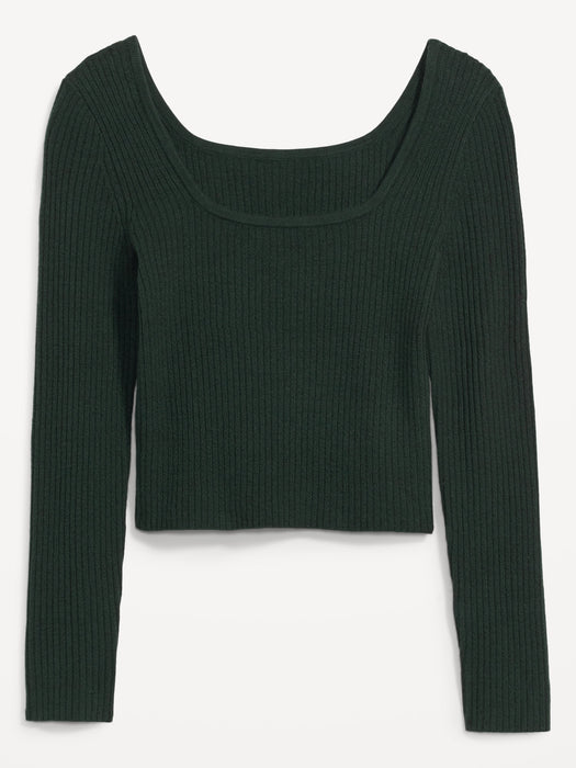 Fitted Cropped Square-Neck Rib-Knit Sweater for Women - Green