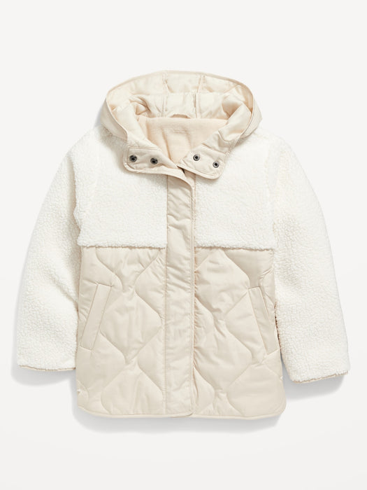 Hooded Sherpa Quilted Hybrid Coat for Girls - White