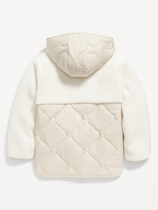 Hooded Sherpa Quilted Hybrid Coat for Girls - White