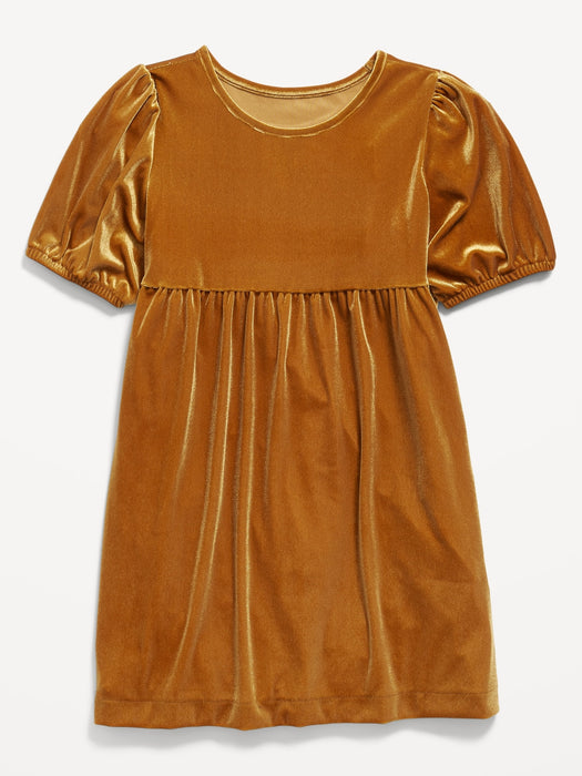 Cozy Velour Puff-Sleeve Swing Dress for Girls - Gold